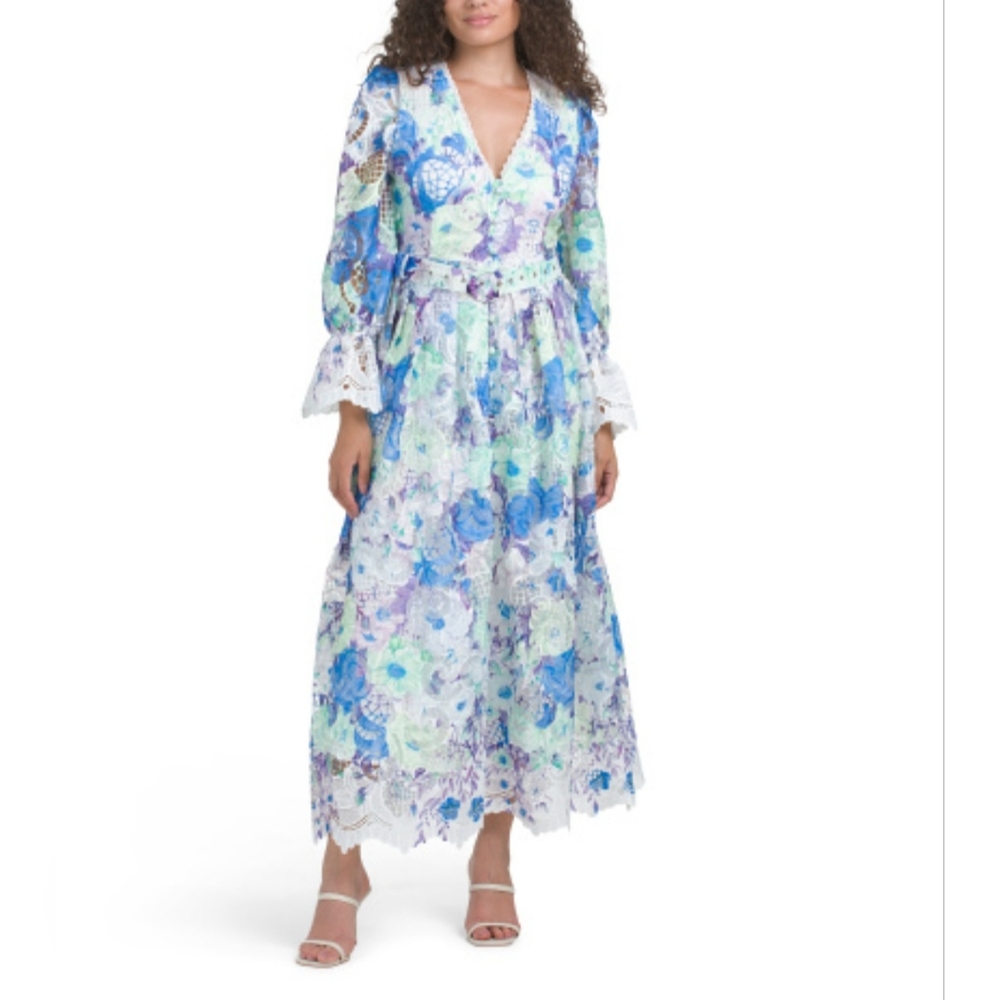 Dalia Macphee Long Sleeve Floral Lace Maxi Dress In Blue Green Womens Large NWT